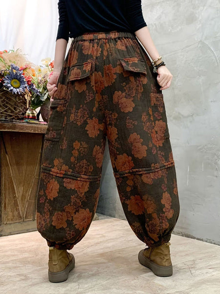 Women Autumn Vintage Flower Spliced Cotton Harem Pants AH1004 BK