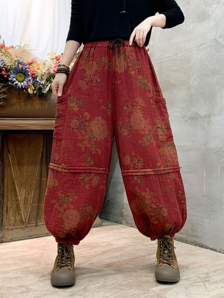 Women Autumn Vintage Flower Spliced Cotton Harem Pants AH1004 BK