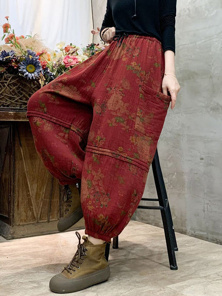 Women Autumn Vintage Flower Spliced Cotton Harem Pants AH1004 BK