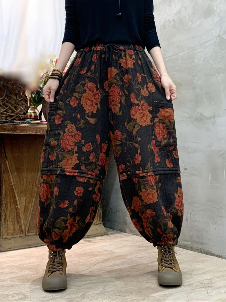 Women Autumn Vintage Flower Spliced Cotton Harem Pants AH1004 BK