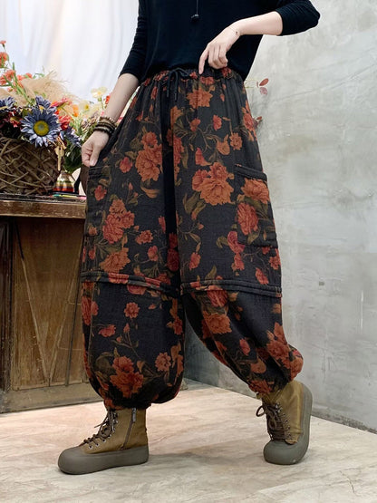 Women Autumn Vintage Flower Spliced Cotton Harem Pants AH1004 BK