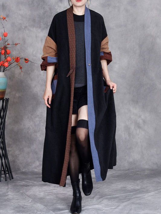 Women Winter Artsy Colorblock Cardigan Long Coat AH1020 BK