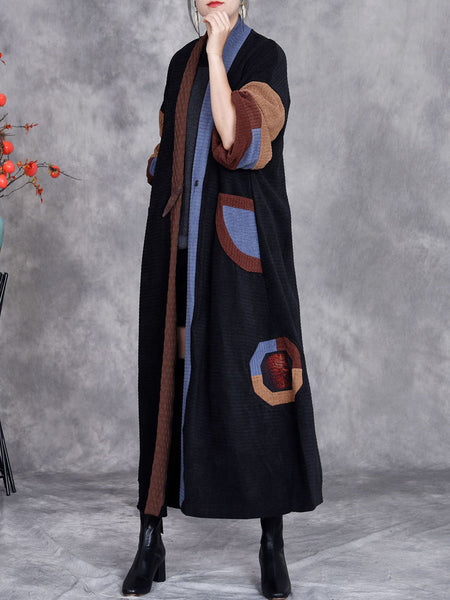 Women Winter Artsy Colorblock Cardigan Long Coat AH1020 BK