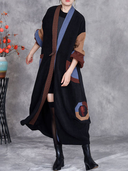 Women Winter Artsy Colorblock Cardigan Long Coat AH1020 BK
