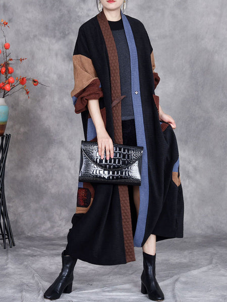 Women Winter Artsy Colorblock Cardigan Long Coat AH1020 BK