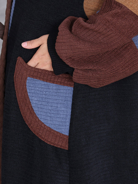 Women Winter Artsy Colorblock Cardigan Long Coat AH1020 BK