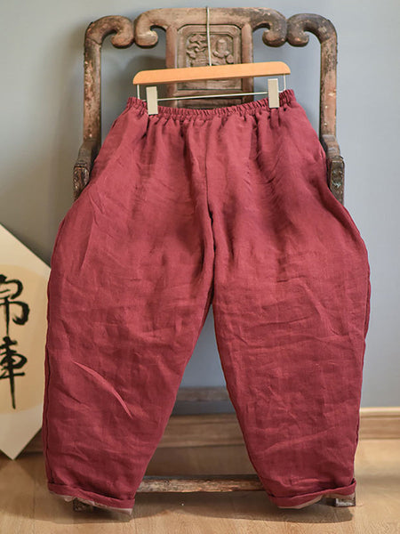 Women Autumn Rero Solid Linen Padded Harem Pants AH1053 BUYKUD