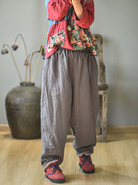 Women Autumn Rero Solid Linen Padded Harem Pants AH1053 BUYKUD