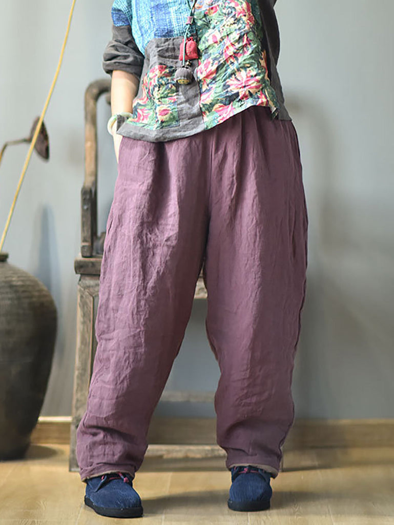 Women Autumn Rero Solid Linen Padded Harem Pants AH1053 BUYKUD