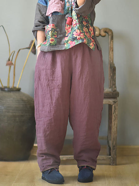 Women Autumn Rero Solid Linen Padded Harem Pants AH1053 BUYKUD
