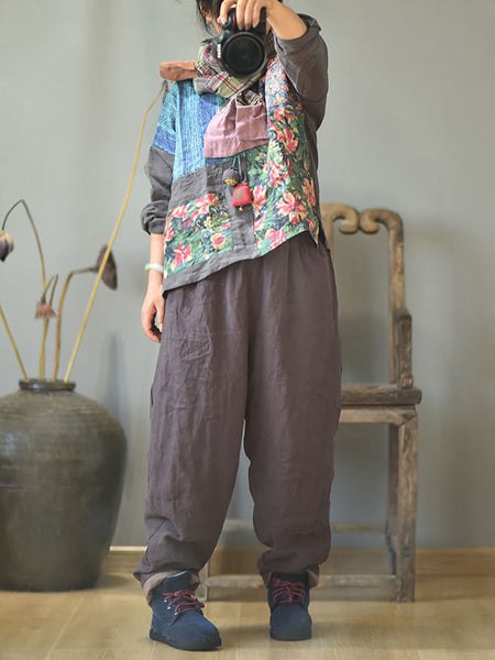 Women Autumn Rero Solid Linen Padded Harem Pants AH1053 BUYKUD