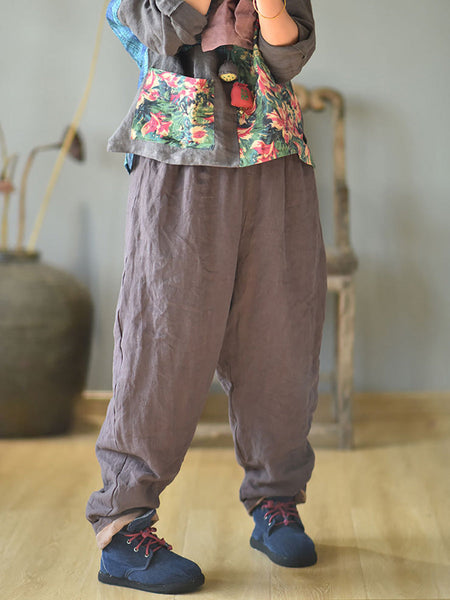 Women Autumn Rero Solid Linen Padded Harem Pants AH1053 BUYKUD