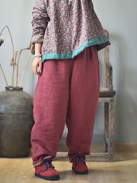 Women Autumn Rero Solid Linen Padded Harem Pants AH1053 BUYKUD