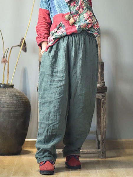 Women Autumn Rero Solid Linen Padded Harem Pants AH1053 BUYKUD
