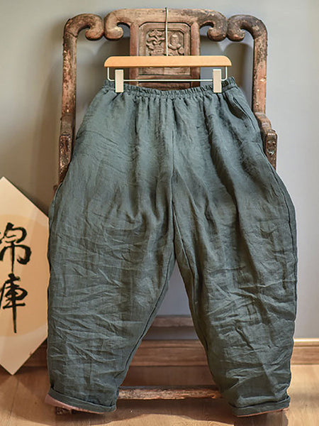 Women Autumn Rero Solid Linen Padded Harem Pants AH1053 BUYKUD