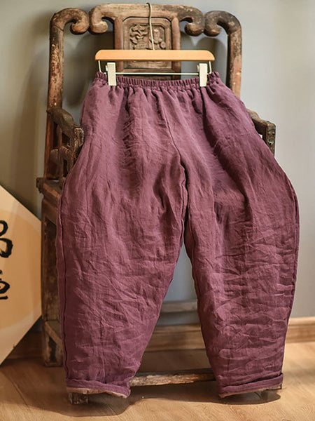 Women Autumn Rero Solid Linen Padded Harem Pants AH1053 BUYKUD