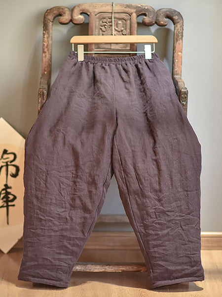 Women Autumn Rero Solid Linen Padded Harem Pants AH1053 BUYKUD