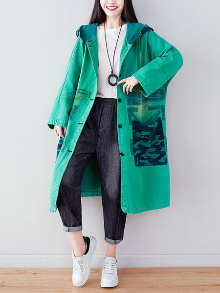 Women Autumn Artsy Colorblock Cotton Hooded Coat AH1030 YTLSFZ