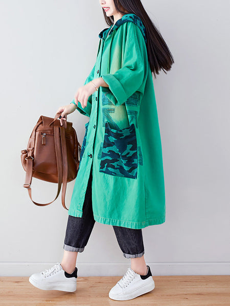 Women Autumn Artsy Colorblock Cotton Hooded Coat AH1030 YTLSFZ