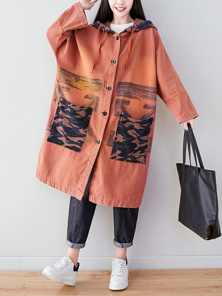 Women Autumn Artsy Colorblock Cotton Hooded Coat AH1030 YTLSFZ