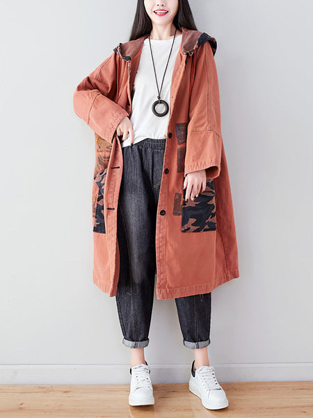 Women Autumn Artsy Colorblock Cotton Hooded Coat AH1030 YTLSFZ