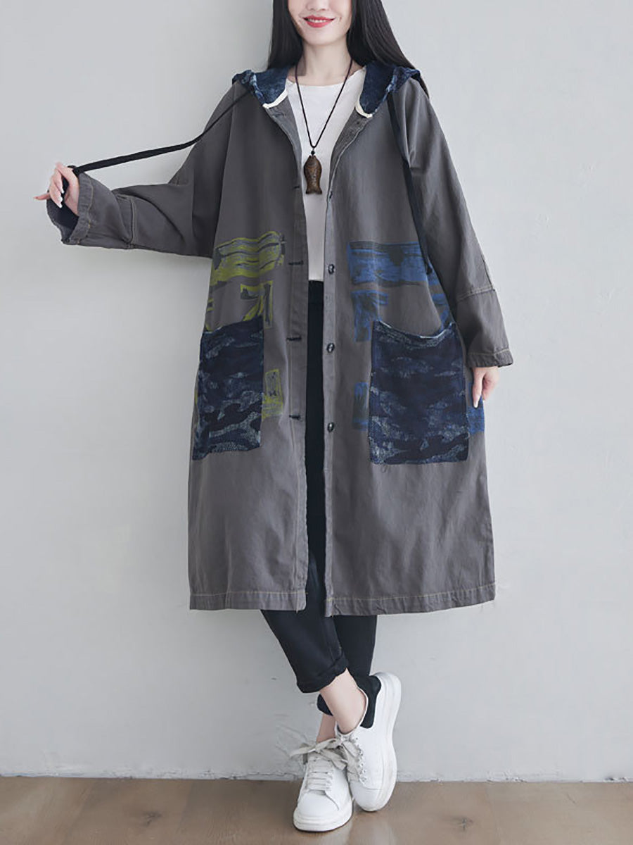 Women Autumn Artsy Colorblock Cotton Hooded Coat AH1030 YTLSFZ