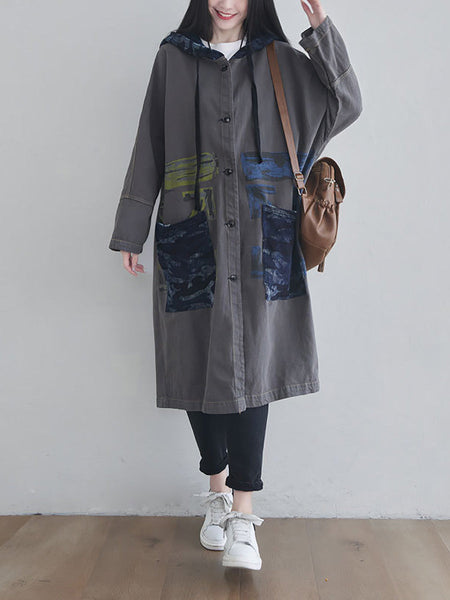 Women Autumn Artsy Colorblock Cotton Hooded Coat AH1030 YTLSFZ