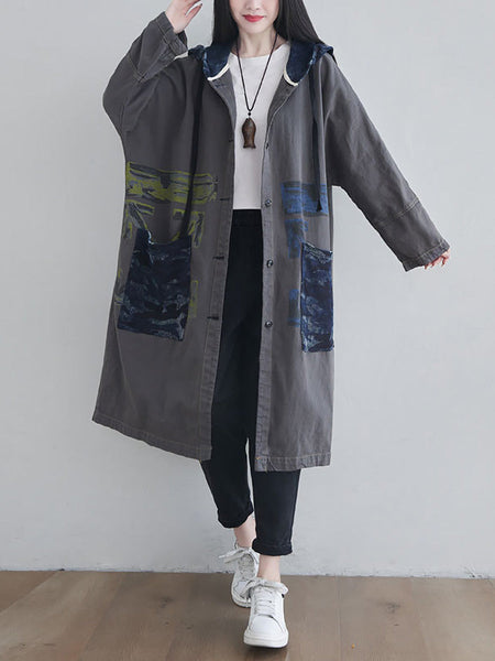 Women Autumn Artsy Colorblock Cotton Hooded Coat AH1030 YTLSFZ