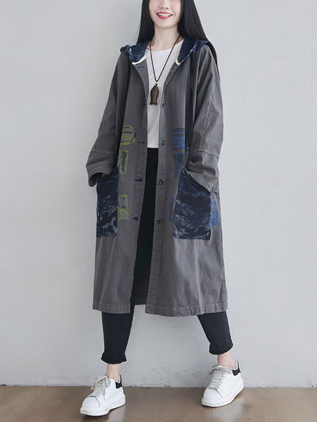 Women Autumn Artsy Colorblock Cotton Hooded Coat AH1030 YTLSFZ