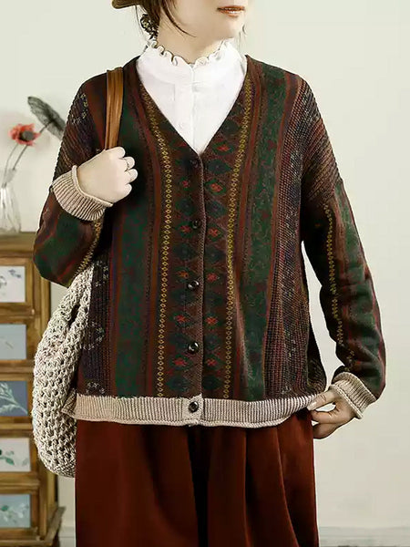 Women Autumn Casual Colorblock Knit V-Neck Cardigan Sweater AH1040 ZMMM