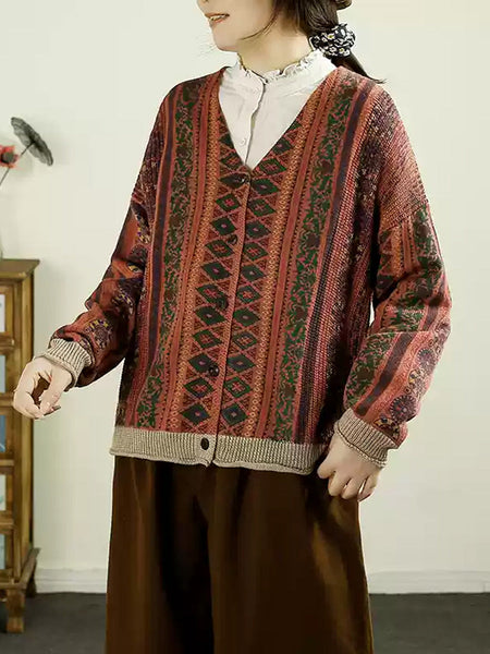 Women Autumn Casual Colorblock Knit V-Neck Cardigan Sweater AH1040 ZMMM