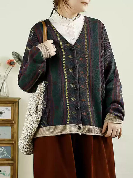 Women Autumn Casual Colorblock Knit V-Neck Cardigan Sweater AH1040 ZMMM
