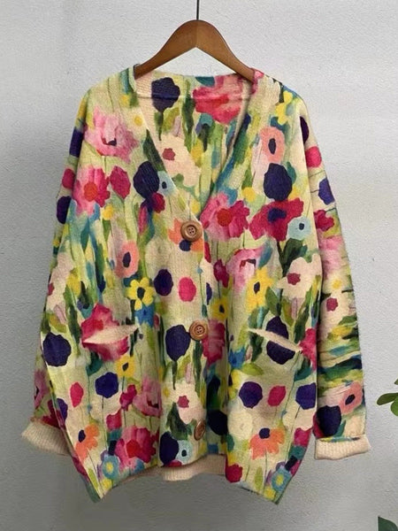 Women Autumn Floral V-Neck Knit Sweater AH1048 BUYKUD