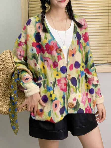 Women Autumn Floral V-Neck Knit Sweater AH1048 BUYKUD