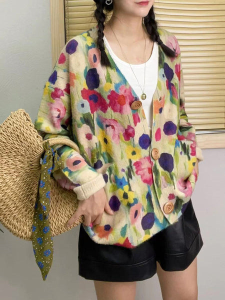 Women Autumn Floral V-Neck Knit Sweater AH1048 BUYKUD
