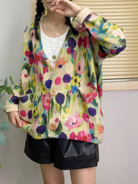 Women Autumn Floral V-Neck Knit Sweater AH1048 BUYKUD
