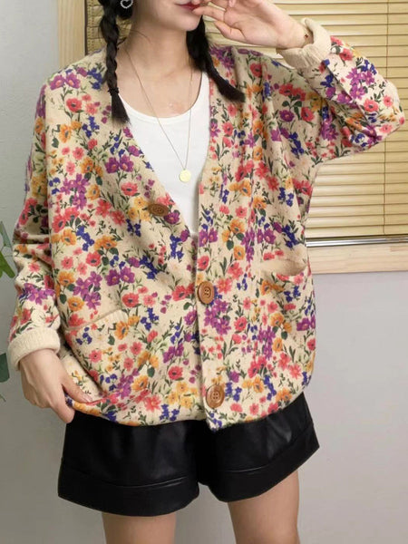 Women Autumn Floral V-Neck Knit Sweater AH1048 BUYKUD