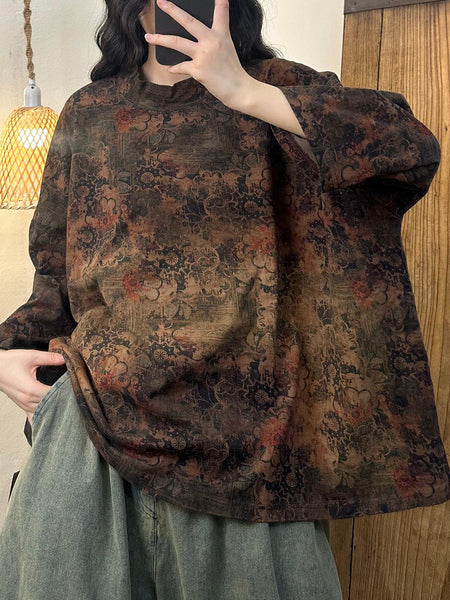 Women Autumn Vintage Flower Half-Turtleneck Cotton Shirt AH1002 ZMMM