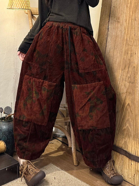 Women Autumn Vintage Flower Spliced Corduroy Harem Pants AH1003 ZMMM