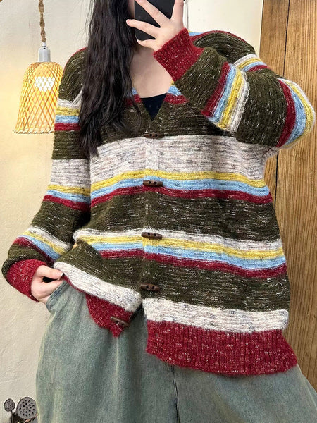 Women Artsy Autumn Stripe Cardigan Sweater Coat AH1027 XJYF