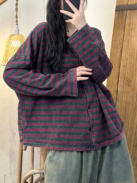 Women Autumn Stripe Colorblock O-Neck Button Blouse AH1061 BK