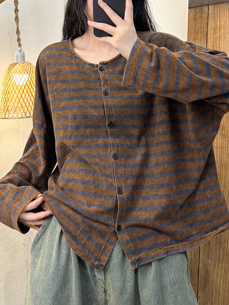 Women Autumn Stripe Colorblock O-Neck Button Blouse AH1061 BK