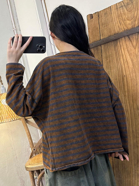 Women Autumn Stripe Colorblock O-Neck Button Blouse AH1061 BK