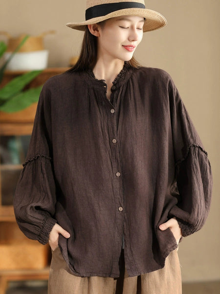 Women Autumn Vintage Solid Stand Collar Button Blouse AH1007 BK