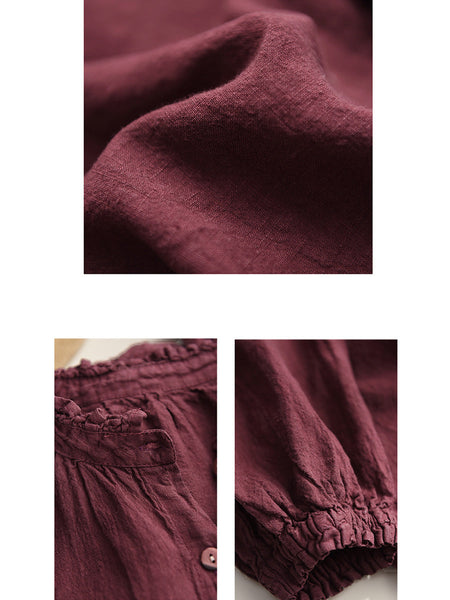 Women Autumn Vintage Solid Stand Collar Button Blouse AH1007 BK