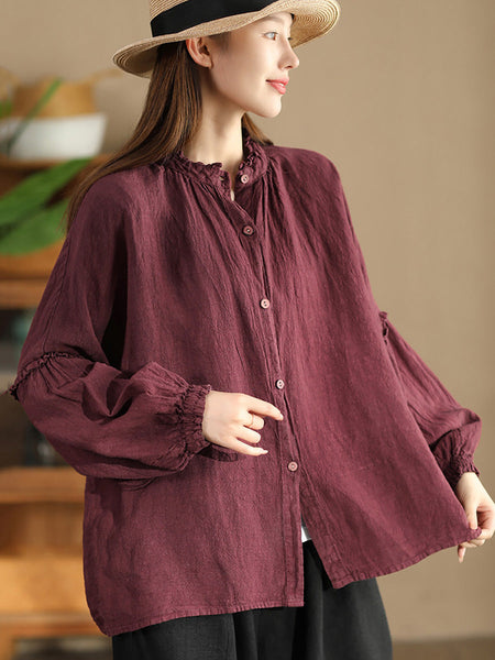 Women Autumn Vintage Solid Stand Collar Button Blouse AH1007 BK
