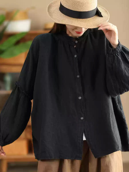 Women Autumn Vintage Solid Stand Collar Button Blouse AH1007 BK