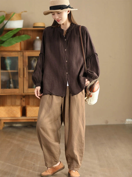 Women Autumn Vintage Solid Stand Collar Button Blouse AH1007 BK