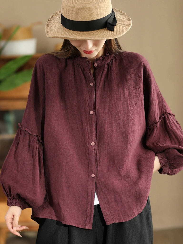 Women Autumn Vintage Solid Stand Collar Button Blouse AH1007 BK