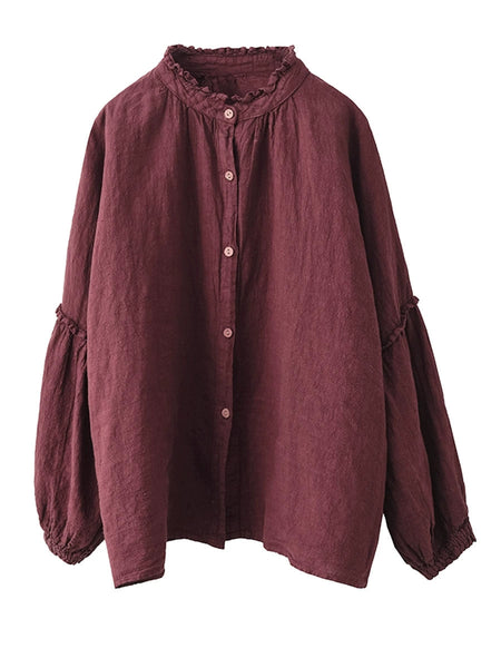 Women Autumn Vintage Solid Stand Collar Button Blouse AH1007 BK